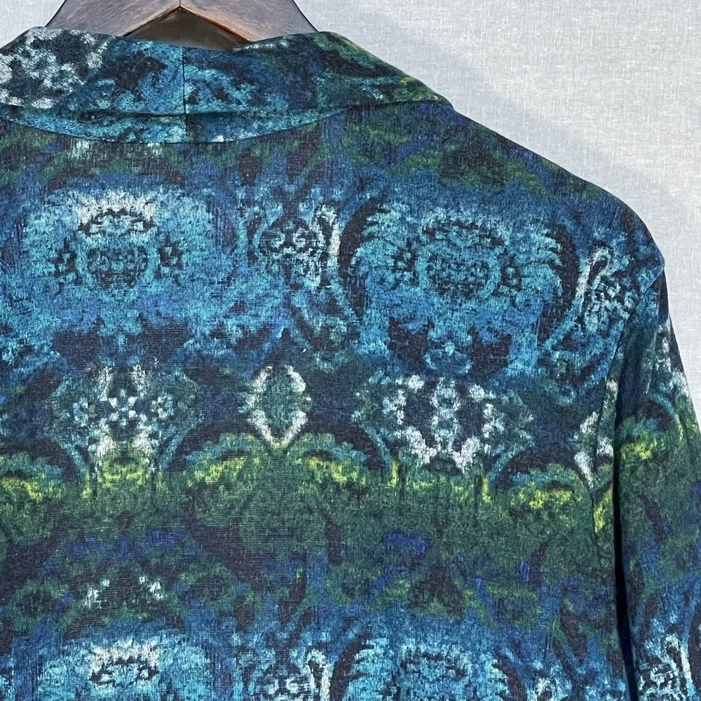 Susan Graver Cardigan Women M Blue Green Abstract Draped Shawl Collar Excellent